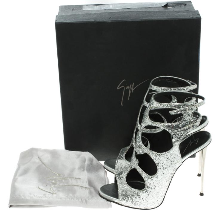 Pre Owned Giuseppe Zanotti Silver Glitter Cutout Ankle Strap Sandals Size 37.5