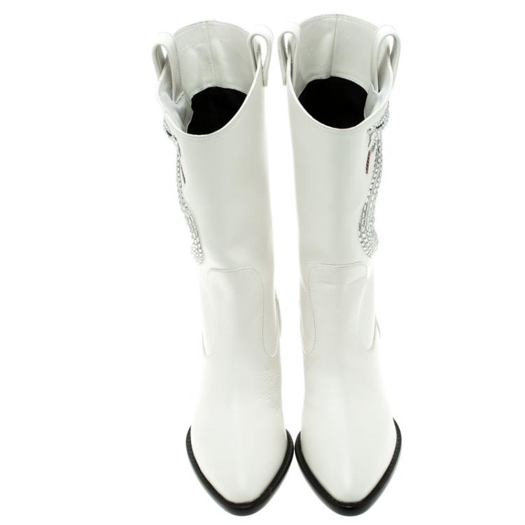Pre Owned Giuseppe Zanotti White Snake Embellished Leather Guns 55 Cowboy Boots Size 37.5