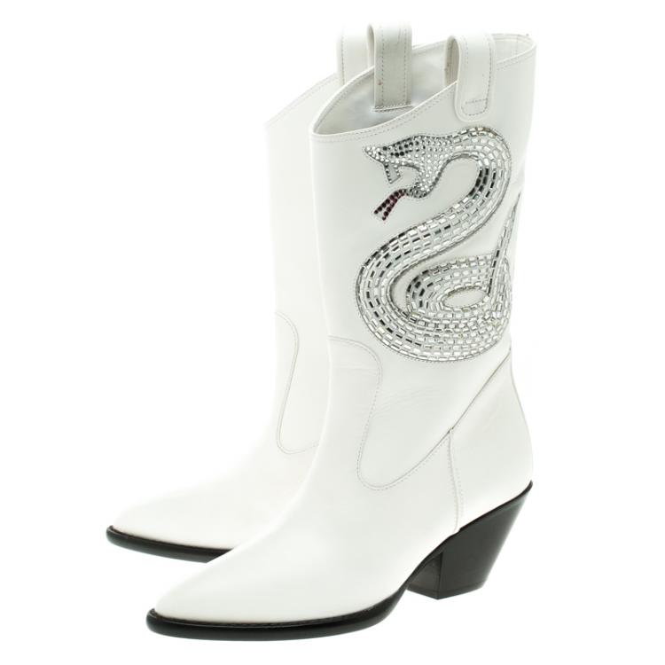 Pre Owned Giuseppe Zanotti White Snake Embellished Leather Guns 55 Cowboy Boots Size 37.5