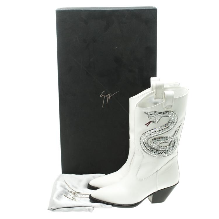 Pre Owned Giuseppe Zanotti White Snake Embellished Leather Guns 55 Cowboy Boots Size 37.5