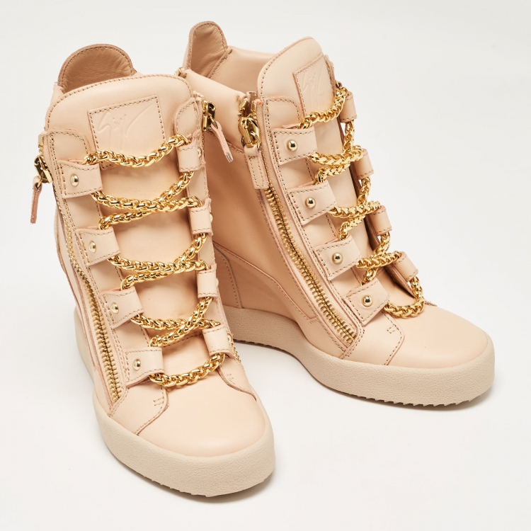 Pre Owned Giuseppe Zanotti Beige Leather Chain Detail High Top Wedge Sneakers Size 41