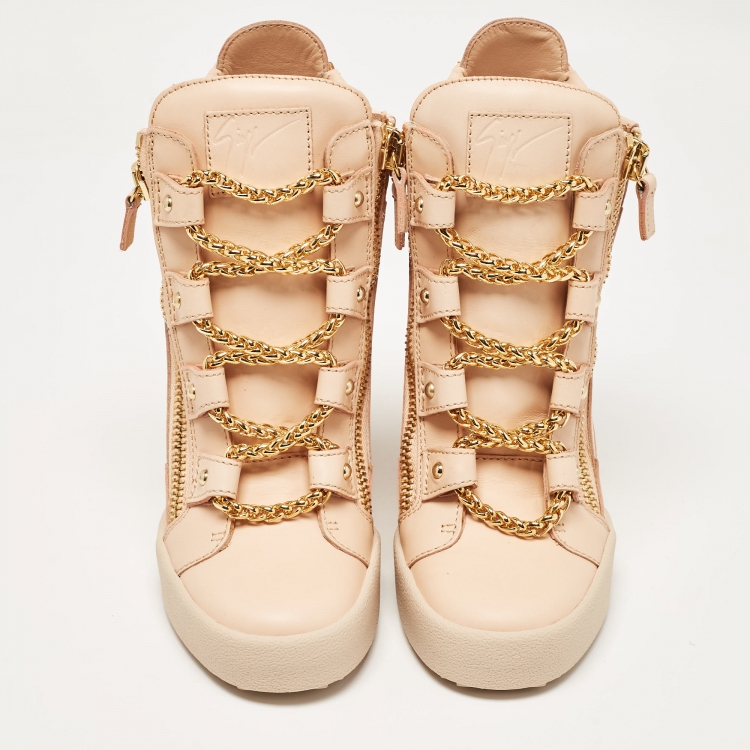 Pre Owned Giuseppe Zanotti Beige Leather Chain Detail High Top Wedge Sneakers Size 41