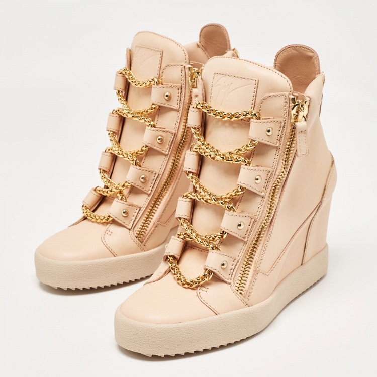 Giuseppe Zanotti Beige Leather Chain Detail High Top Wedge Giuseppe Zanotti Beige Leather Chain Detail High Top Wedge