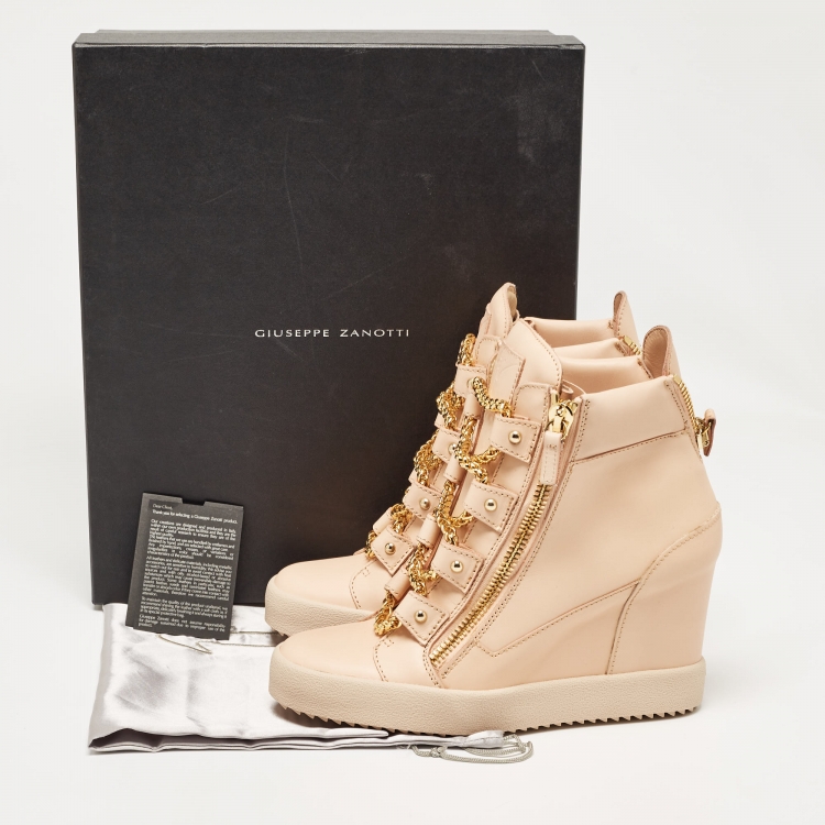 Pre Owned Giuseppe Zanotti Beige Leather Chain Detail High Top Wedge Sneakers Size 41