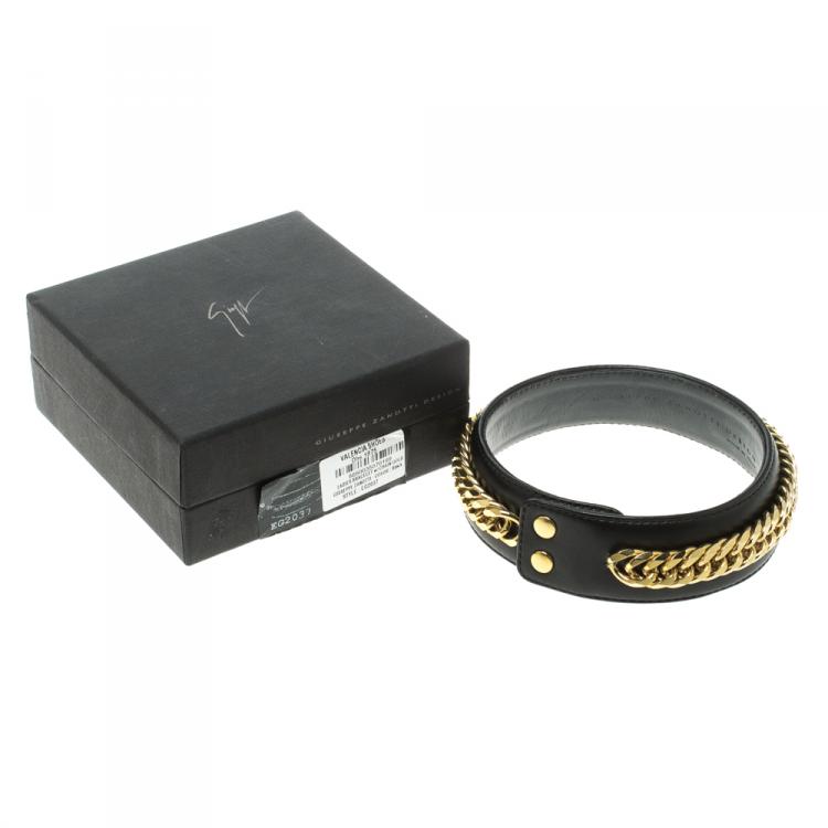 Pre Owned Giuseppe Zanotti Gold Tone Chain Detail Black Leather Choker Necklace