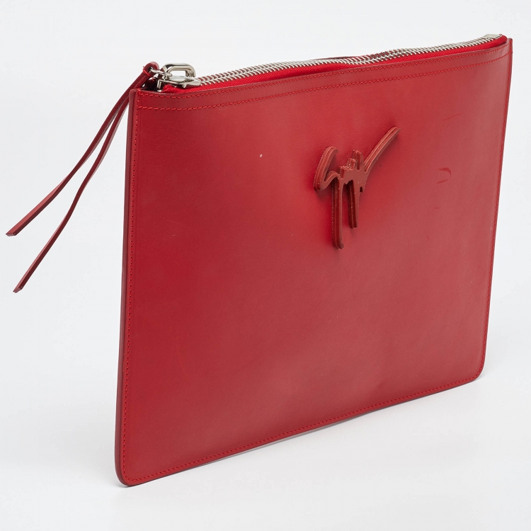 Pre Owned Giuseppe Zanotti Red Leather Logo Zip Slim Pouch