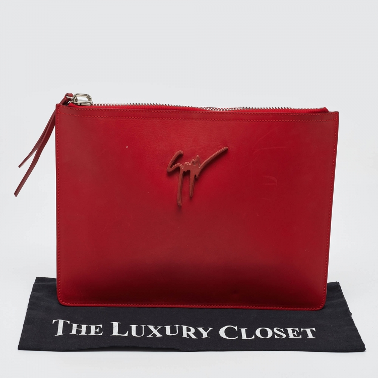 Pre Owned Giuseppe Zanotti Red Leather Logo Zip Slim Pouch