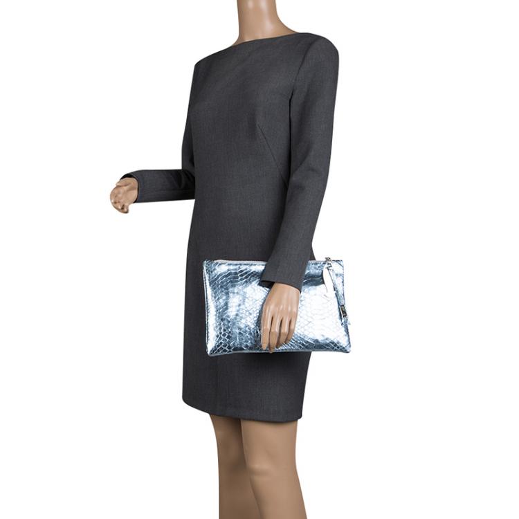 Pre Owned Giuseppe Zanotti Metallic Blue Snakeskin Embossed Leather Margery Clutch