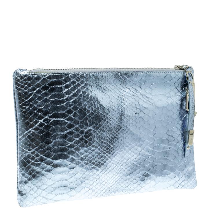 Pre Owned Giuseppe Zanotti Metallic Blue Snakeskin Embossed Leather Margery Clutch