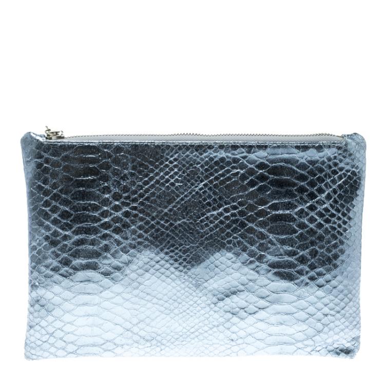 Pre Owned Giuseppe Zanotti Metallic Blue Snakeskin Embossed Leather Margery Clutch