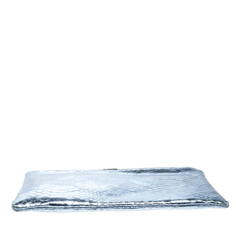 Pre Owned Giuseppe Zanotti Metallic Blue Snakeskin Embossed Leather Margery Clutch