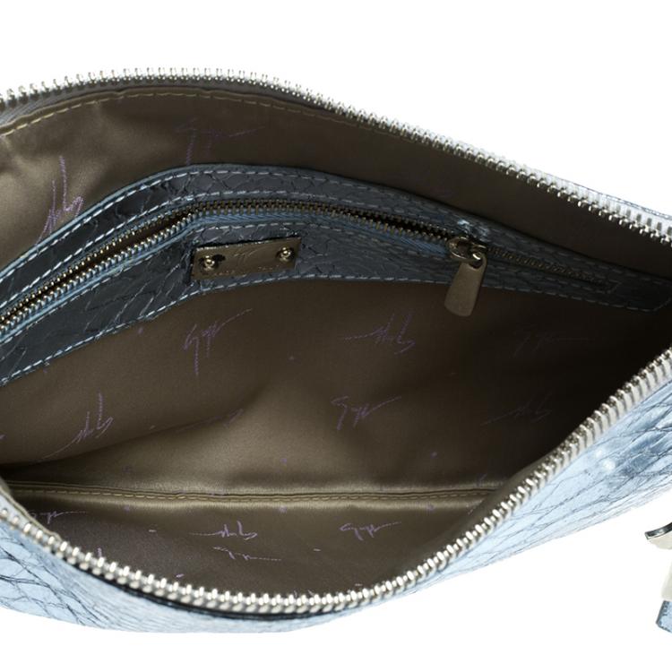Pre Owned Giuseppe Zanotti Metallic Blue Snakeskin Embossed Leather Margery Clutch
