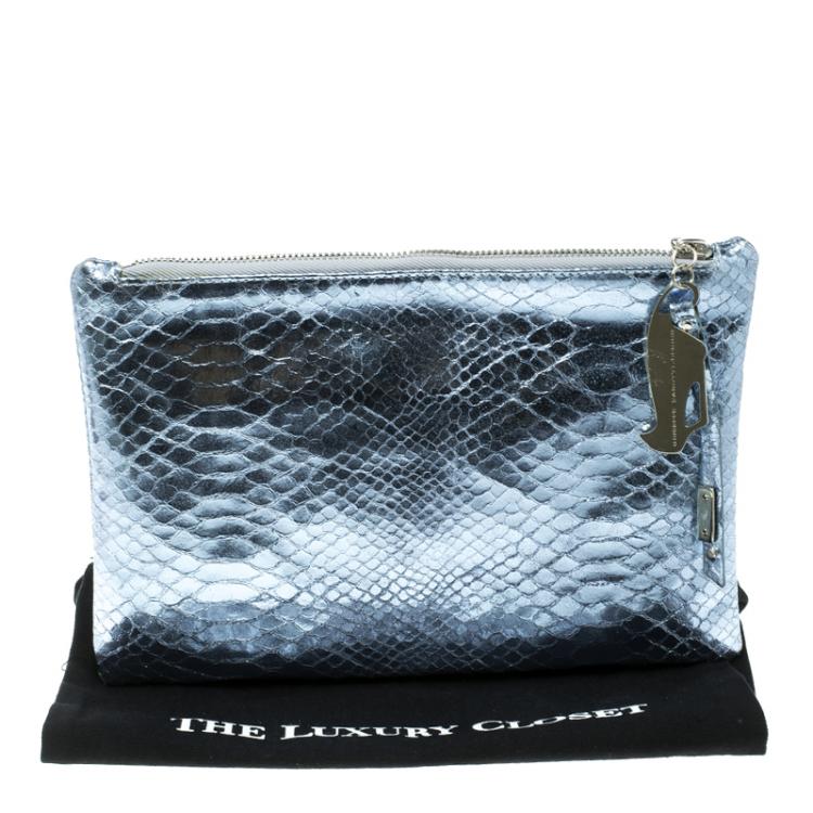 Pre Owned Giuseppe Zanotti Metallic Blue Snakeskin Embossed Leather Margery Clutch