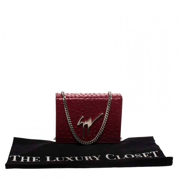 Pre Owned Giuseppe Zanotti Red Ostrich Embossed Leather Chain Shoulder Bag