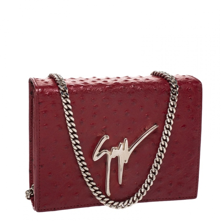 Pre Owned Giuseppe Zanotti Red Ostrich Embossed Leather Chain Shoulder Bag