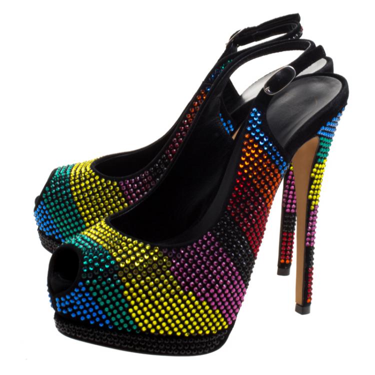 Pre Owned Giuseppe Zanotti Multicolor Crystal Studded Suede Platform Slingback Sandals Size 37