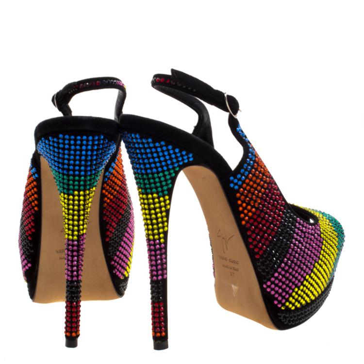 Pre Owned Giuseppe Zanotti Multicolor Crystal Studded Suede Platform Slingback Sandals Size 37