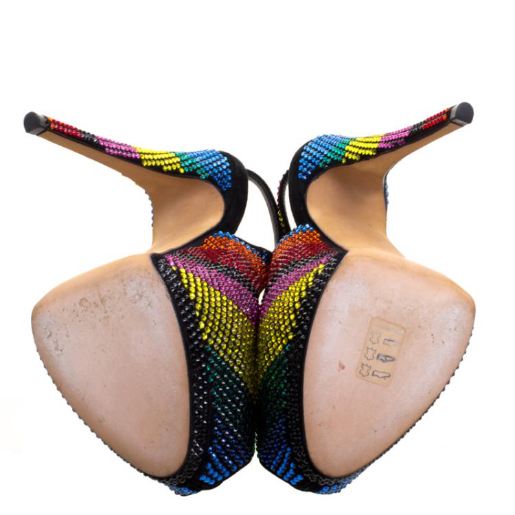 Pre Owned Giuseppe Zanotti Multicolor Crystal Studded Suede Platform Slingback Sandals Size 37
