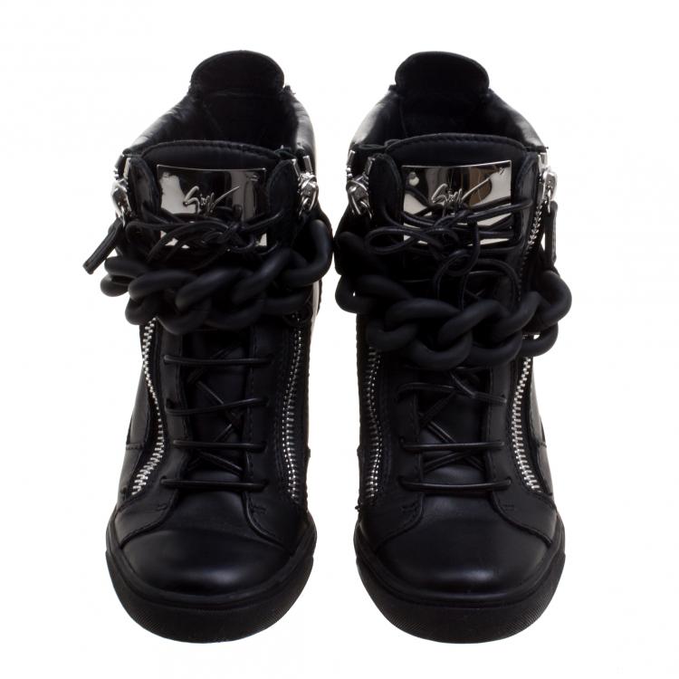 مملوكة مسبقًا Giuseppe Zanotti Black Leather Lorenz Birel Wedge Sneakers Size 38