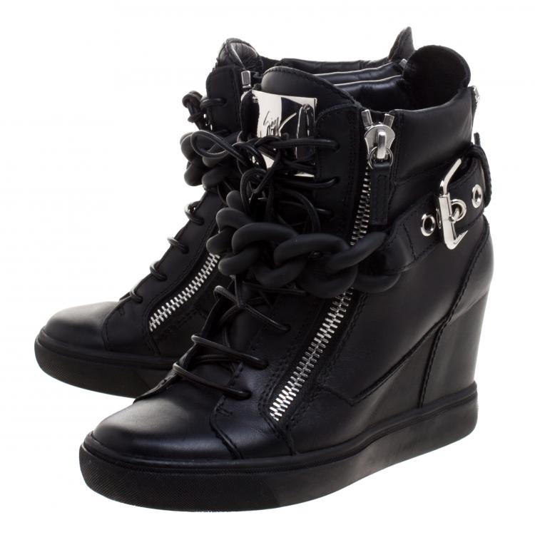 مملوكة مسبقًا Giuseppe Zanotti Black Leather Lorenz Birel Wedge Sneakers Size 38