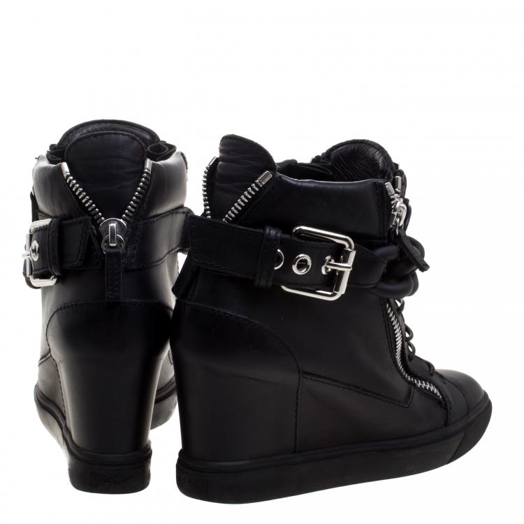 مملوكة مسبقًا Giuseppe Zanotti Black Leather Lorenz Birel Wedge Sneakers Size 38