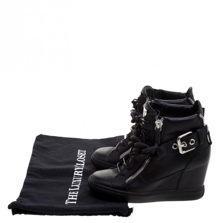 مملوكة مسبقًا Giuseppe Zanotti Black Leather Lorenz Birel Wedge Sneakers Size 38