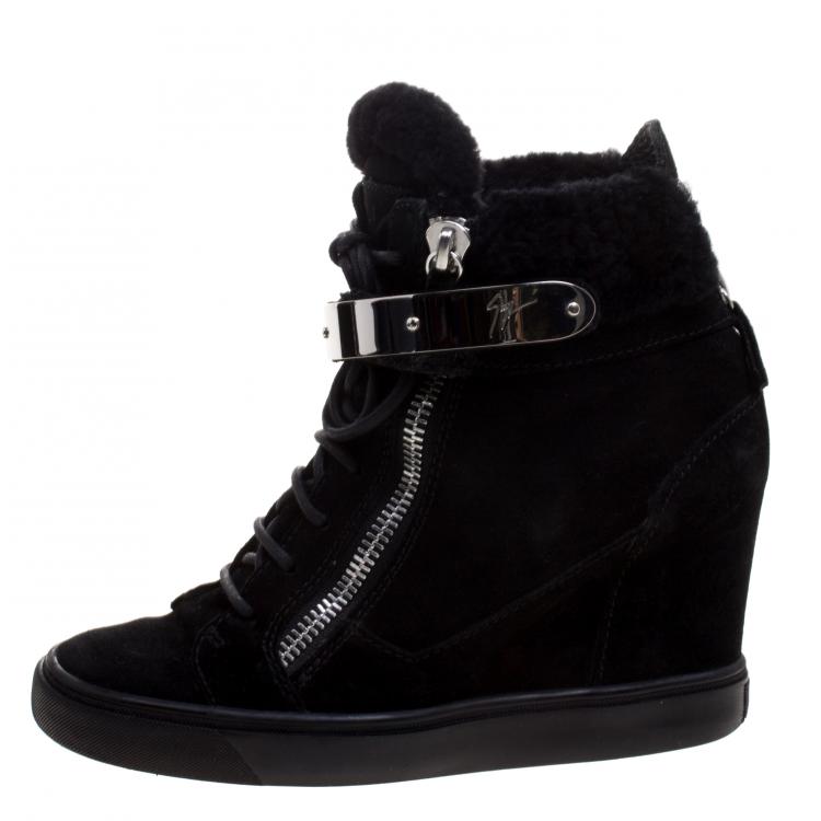 Pre Owned Giuseppe Zanotti Black Suede and Shearling Trim Lorenz Wedge Sneakers Size 39
