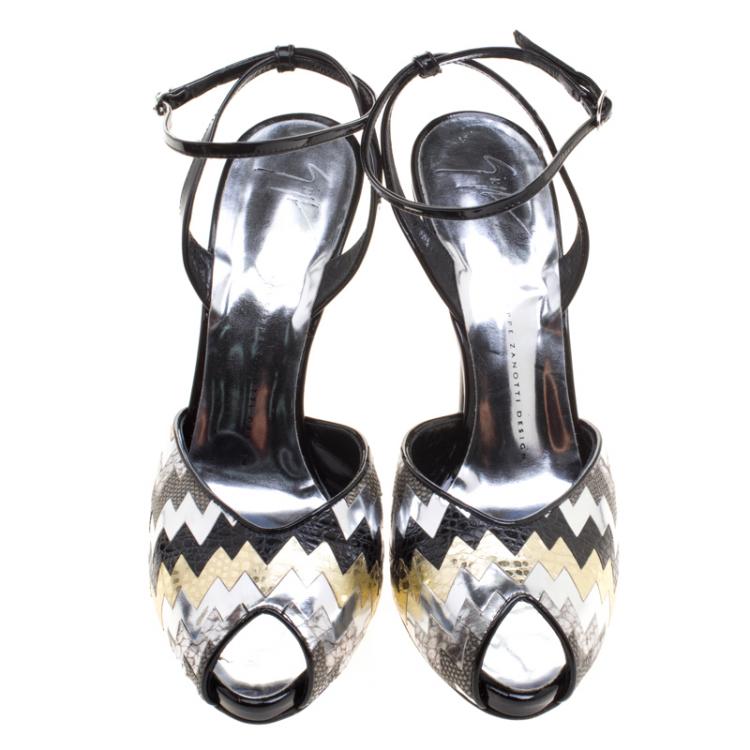 Pre Owned Giuseppe Zanotti Metallic Multi Leather Peep Toe Ankle Strap Sandals Size 40
