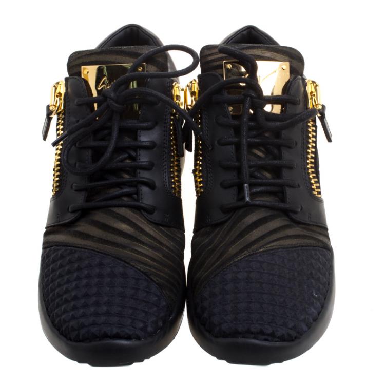 مملوكة مسبقًا Giuseppe Zanotti Black Fabric And Leather Runner Mid Top Sneakers Size 40