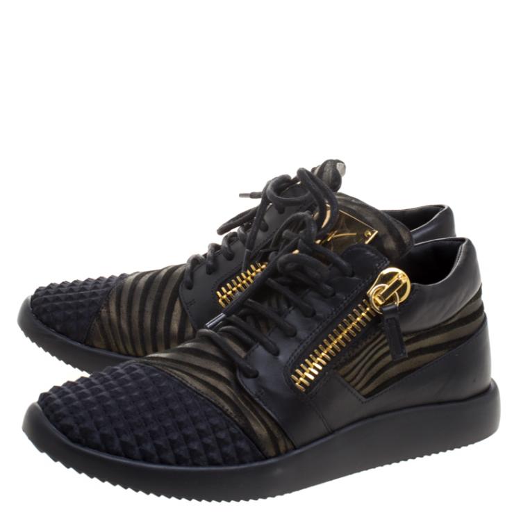 مملوكة مسبقًا Giuseppe Zanotti Black Fabric And Leather Runner Mid Top Sneakers Size 40