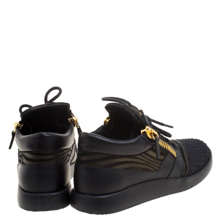 مملوكة مسبقًا Giuseppe Zanotti Black Fabric And Leather Runner Mid Top Sneakers Size 40