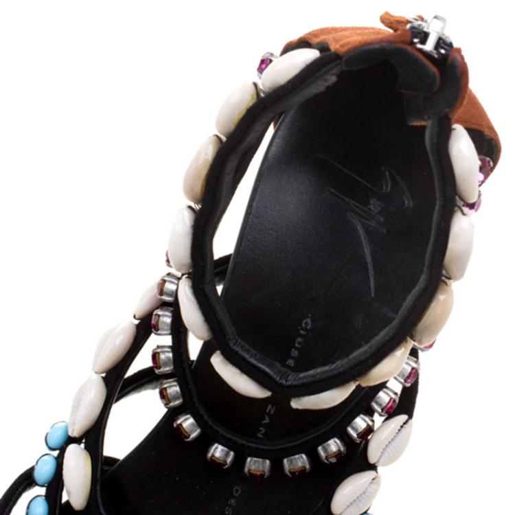 Pre Owned Giuseppe Zanotti Multicolor Crystal and Shell Embellished Flat Sandals Size 40