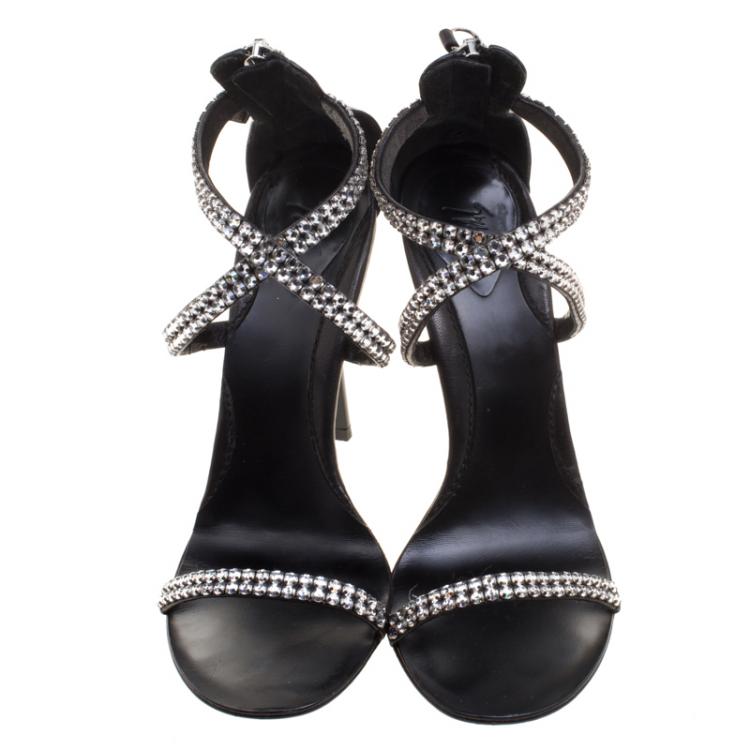Pre Owned Giuseppe Zanotti Black Crystal Embellished Leather Cross Ankle Strap Sandals Size 37.5