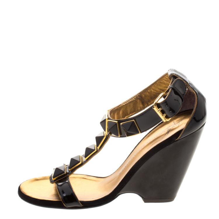 Pre Owned Giuseppe Zanotti Black Patent Leather Stud Embellished T Strap Wedge Sandals Size 35