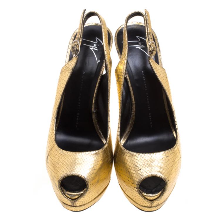 Pre Owned Giuseppe Zanotti Metallic Gold Python Embossed Leather Peep Toe Platform Slingback Sandals Size 39