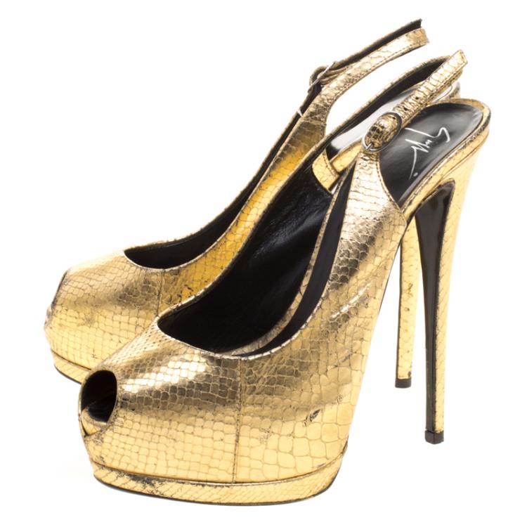 Pre Owned Giuseppe Zanotti Metallic Gold Python Embossed Leather Peep Toe Platform Slingback Sandals Size 39