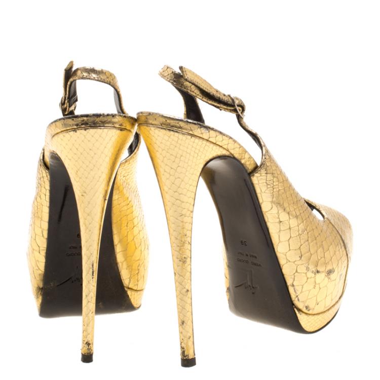 Pre Owned Giuseppe Zanotti Metallic Gold Python Embossed Leather Peep Toe Platform Slingback Sandals Size 39