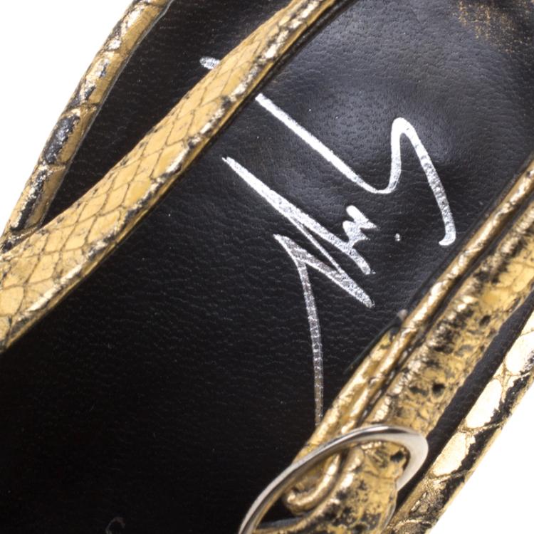 Pre Owned Giuseppe Zanotti Metallic Gold Python Embossed Leather Peep Toe Platform Slingback Sandals Size 39