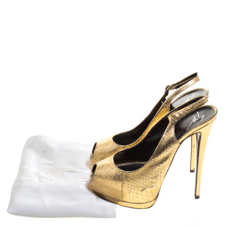 Pre Owned Giuseppe Zanotti Metallic Gold Python Embossed Leather Peep Toe Platform Slingback Sandals Size 39