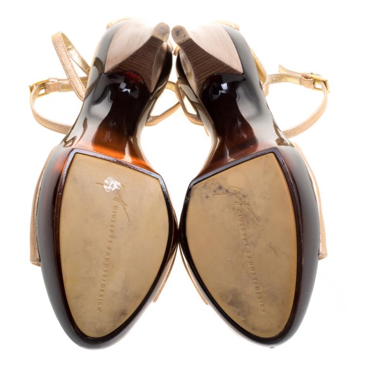 Pre Owned Giuseppe Zanotti Metallic Gold Leather Ankle Strap Sandals Size 41