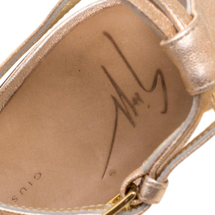 Pre Owned Giuseppe Zanotti Metallic Gold Leather Ankle Strap Sandals Size 41