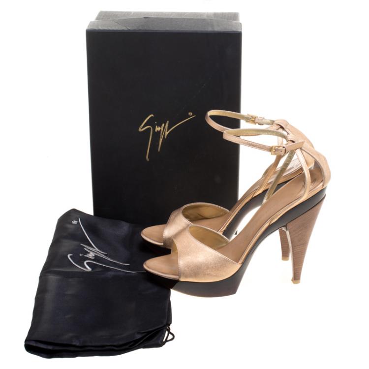 Pre Owned Giuseppe Zanotti Metallic Gold Leather Ankle Strap Sandals Size 41