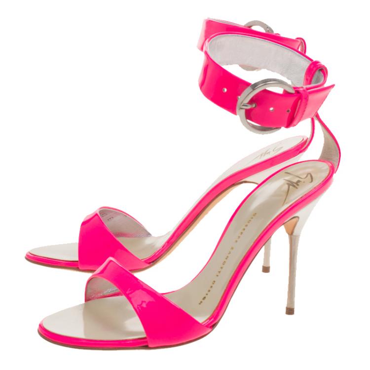 Pre Owned Giuseppe Zanotti Fluorescent Pink Patent Leather Ankle Cuff Sandals Size 36
