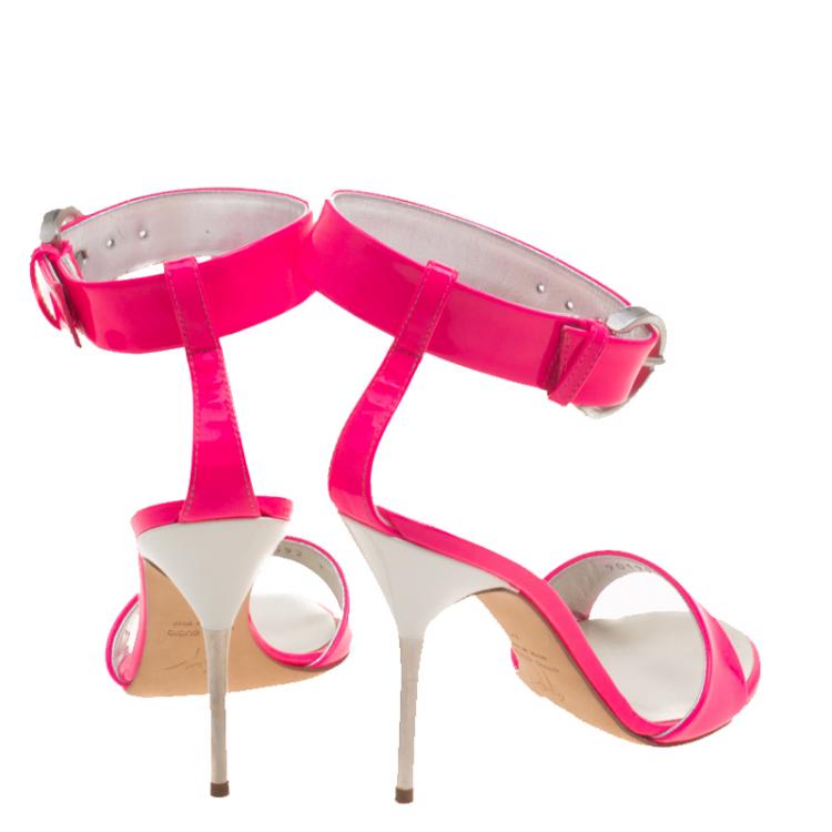 Pre Owned Giuseppe Zanotti Fluorescent Pink Patent Leather Ankle Cuff Sandals Size 36