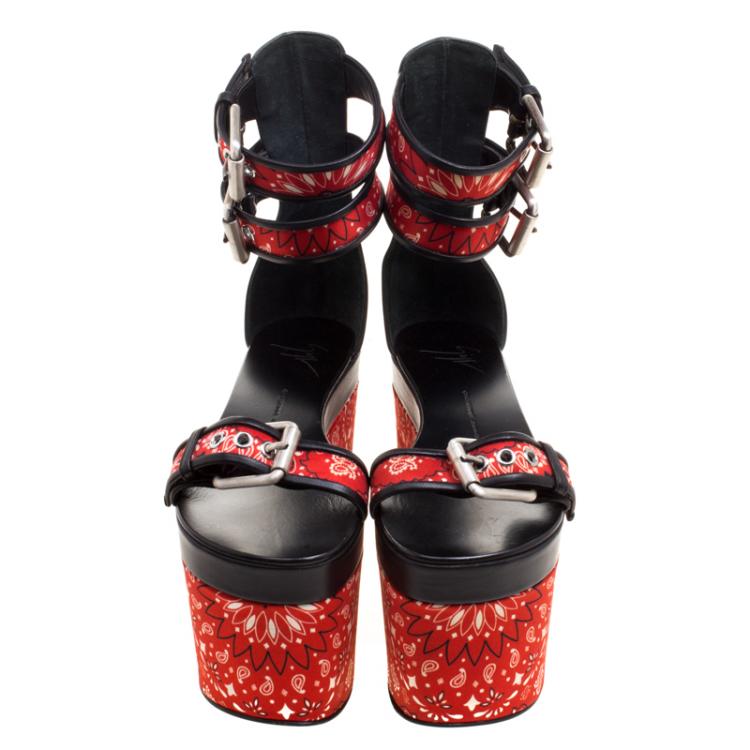 Pre Owned Giuseppe Zanotti Red Floral Printed Satin And Leather Ankle Strap Platform Sandals Size 36