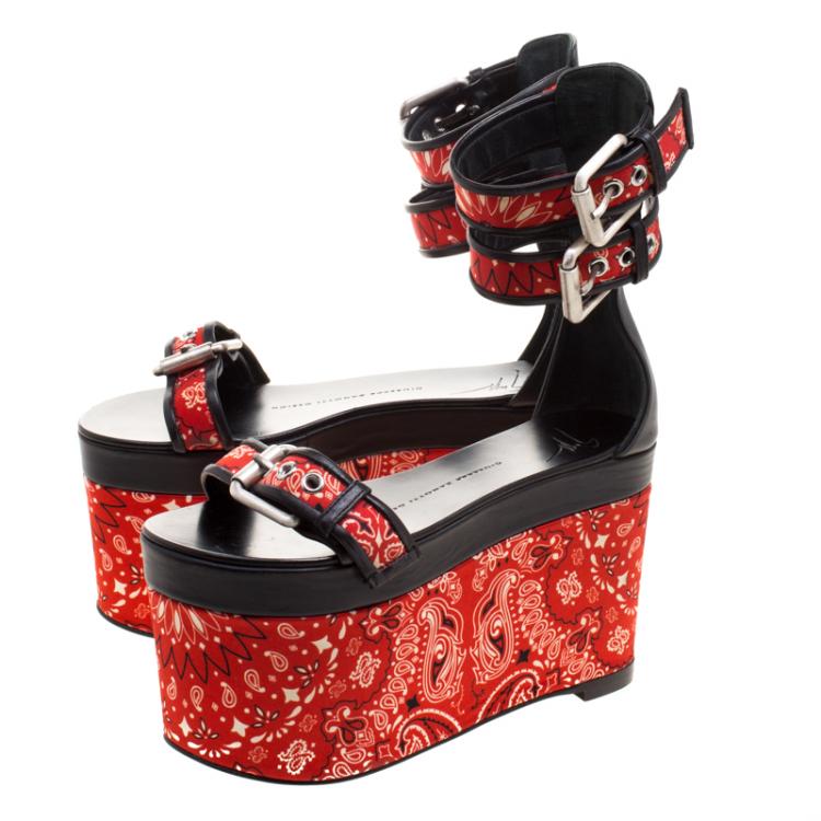 Pre Owned Giuseppe Zanotti Red Floral Printed Satin And Leather Ankle Strap Platform Sandals Size 36