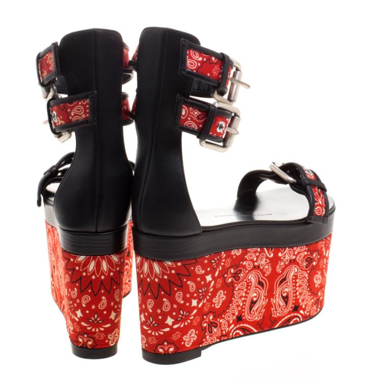 Pre Owned Giuseppe Zanotti Red Floral Printed Satin And Leather Ankle Strap Platform Sandals Size 36