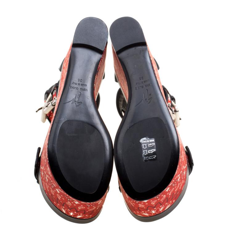 Pre Owned Giuseppe Zanotti Red Floral Printed Satin And Leather Ankle Strap Platform Sandals Size 36