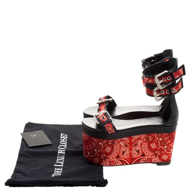 Pre Owned Giuseppe Zanotti Red Floral Printed Satin And Leather Ankle Strap Platform Sandals Size 36
