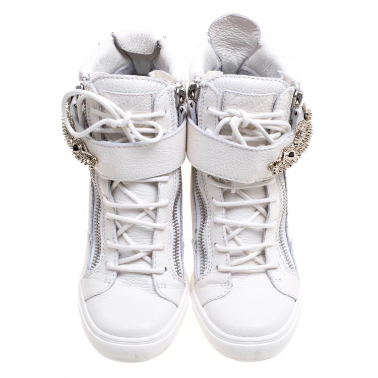 Pre Owned Guiseppe Zanotti Off White Leather Gator Detail High Top Wedge Sneakers Size 39 